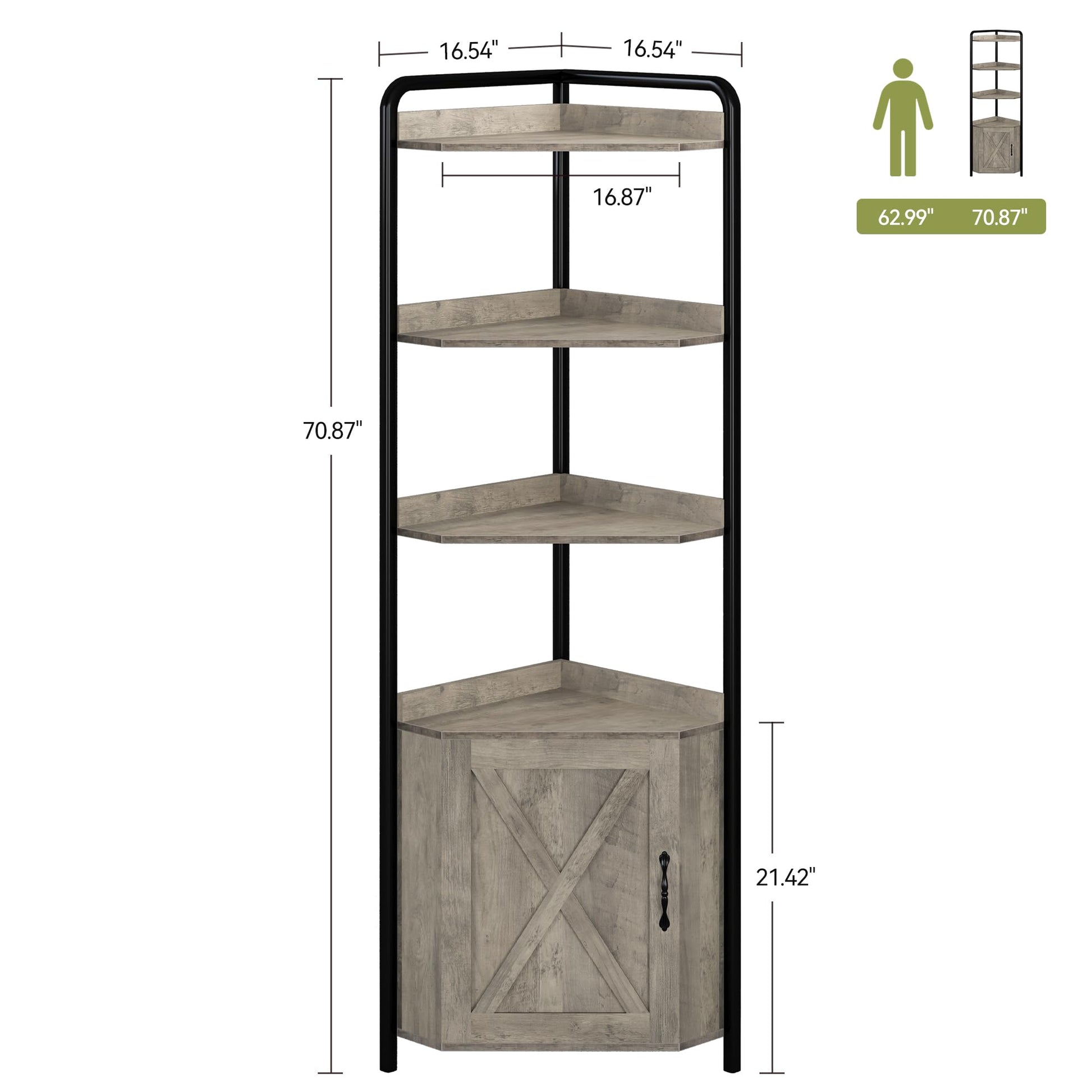 Mobile Angolare Garvee da 70.9 pollici, libreria a 5 ripiani, struttura in metallo, legno, rustico, industriale, stabile, piedini regolabili, soggiorno, ufficio, cucina, grigio