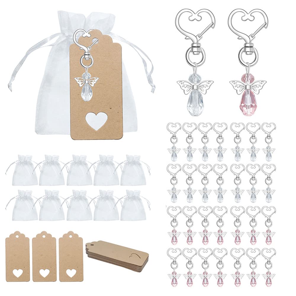 Set portachiavi Garvee Angel con perline, ciondolo in metallo e sacchetto in organza per battesimi, 6,5 cm, bianco