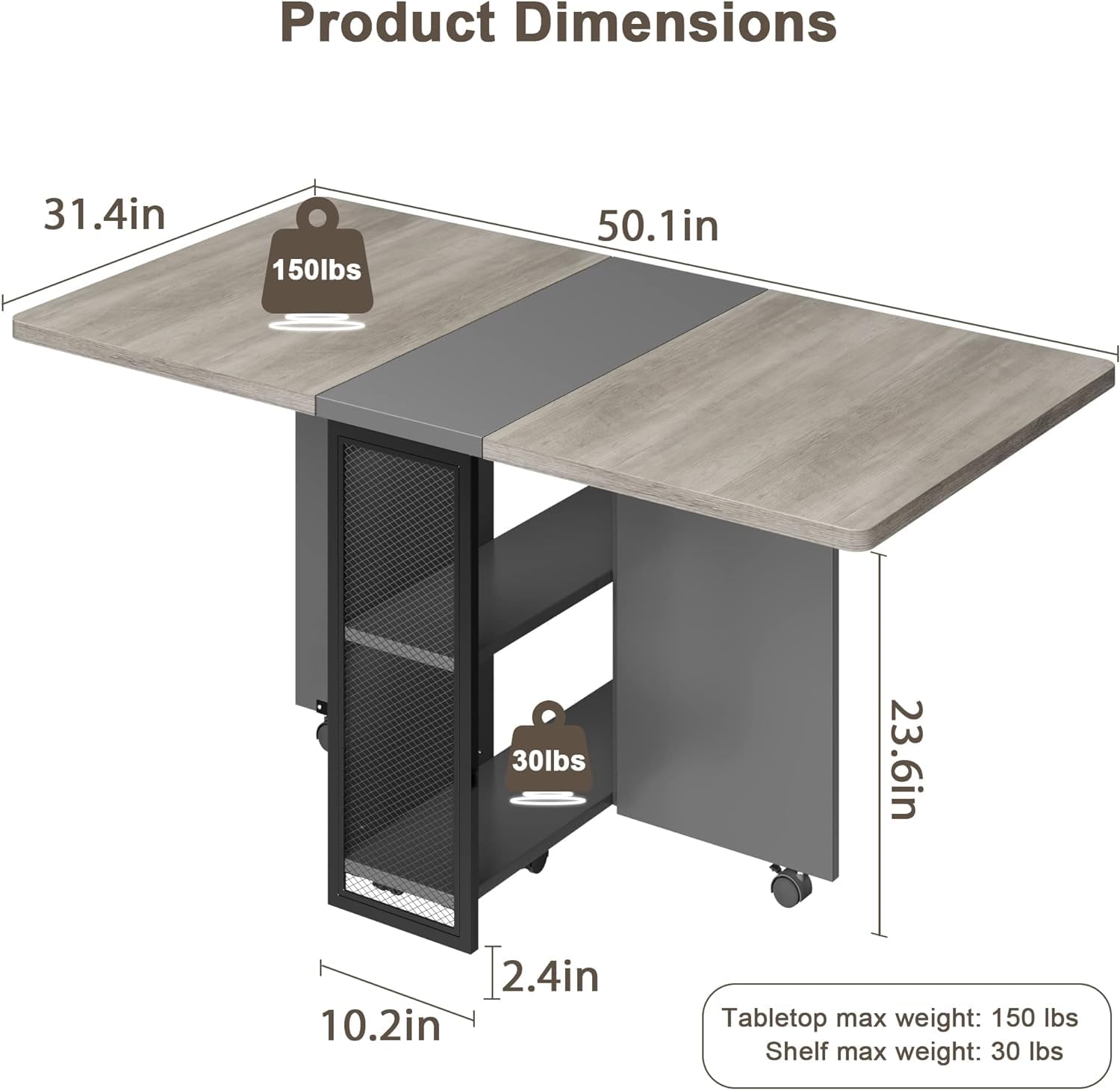Tavolo da pranzo pieghevole Garvee Carlo Grey con 6 ruote e ripiano a 2 livelli per piccoli spazi 50,1"P x 31,4"L x 29,5"A