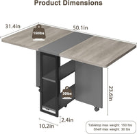 Tavolo da pranzo pieghevole Garvee Carlo Grey con 6 ruote e ripiano a 2 livelli per piccoli spazi 50,1"P x 31,4"L x 29,5"A
