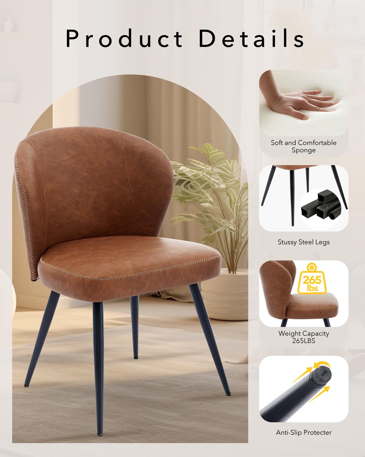 Garvee Set di 2 sedie da pranzo imbottite con gambe in acciaio e schienale alto in pelle per cucina e sala da pranzo, 23,2 pollici, marrone