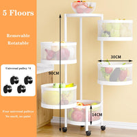 Carrello rotondo Garvee a 5 ripiani con ruote per cucina, bagno, soggiorno, 90xø30 cm, bianco - acciaio, cestelli girevoli a 360°, grande capacità