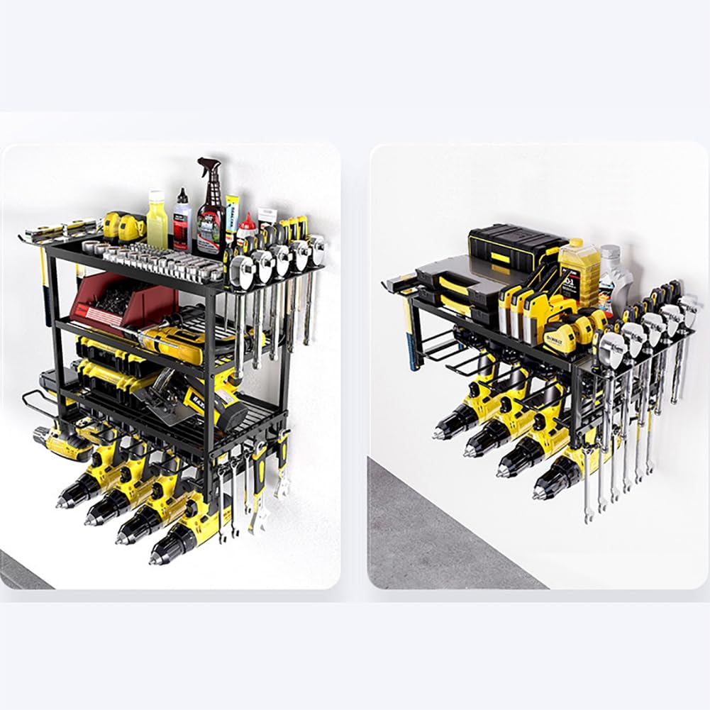 Organizzatore per utensili elettrici Garvee, montaggio a parete a 4 livelli con supporti per trapano, robusta struttura in metallo, salvaspazio, nero, per officina e garage