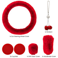 Garvee Coprivolante Soffice 6 Pezzi Accessori Auto in Peluche Rosso Invernale per Volante Freno a Mano Pomello del Cambio