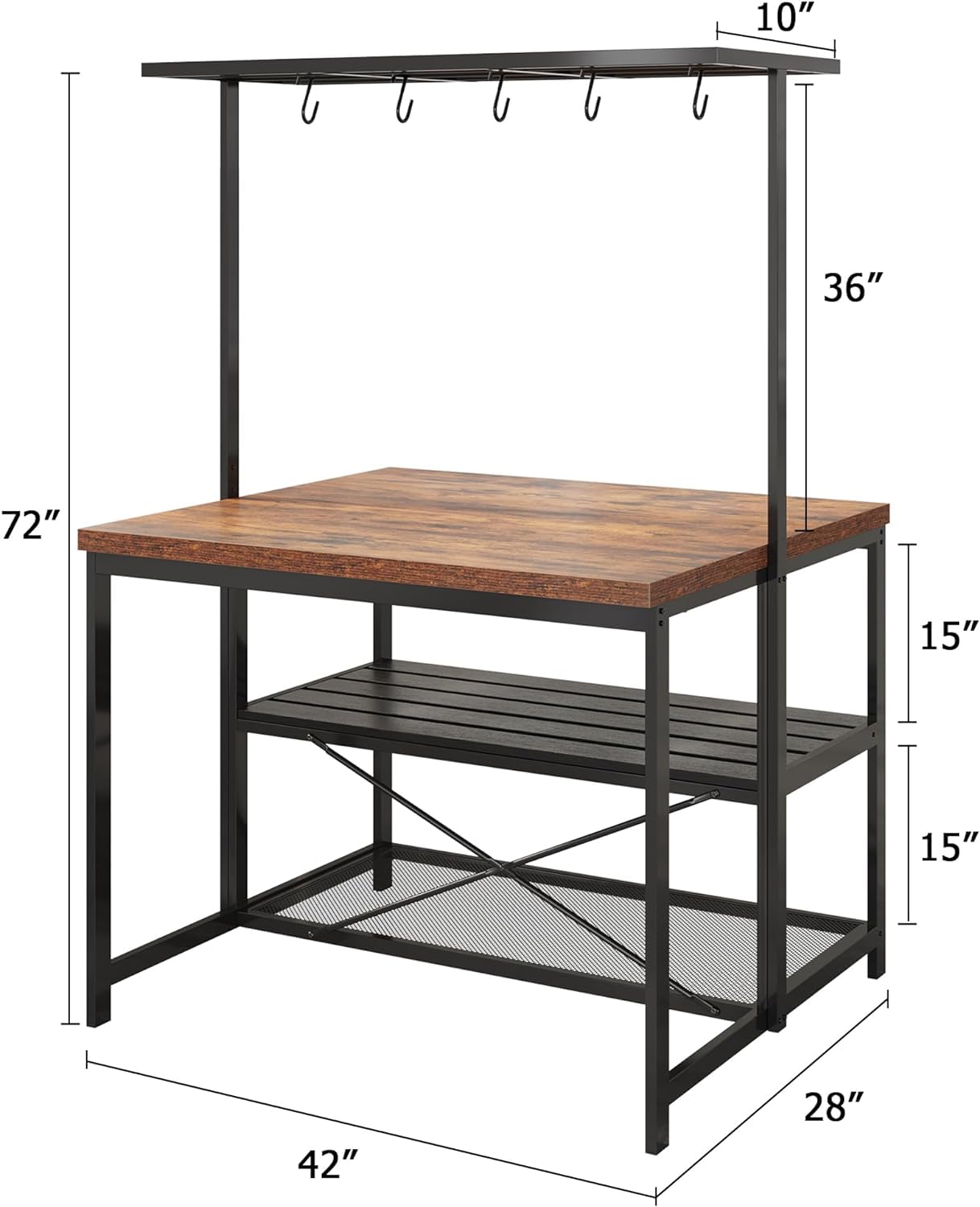 Isola da cucina Garvee con spazio di archiviazione, tavolo da 42", ripiani a 3 livelli, 5 ganci, MDF e metallo per cucina e sala da pranzo, versatile, zona pranzo, grigio