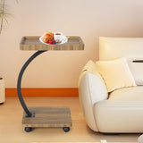 Garvee Tavolino Laterale con Ruote, Design a C, Doppio Ripiano, Legno di Noce, Ruote Girevoli 360°, Stabile per Soggiorno e Camera, Versatile, Marrone - Noce