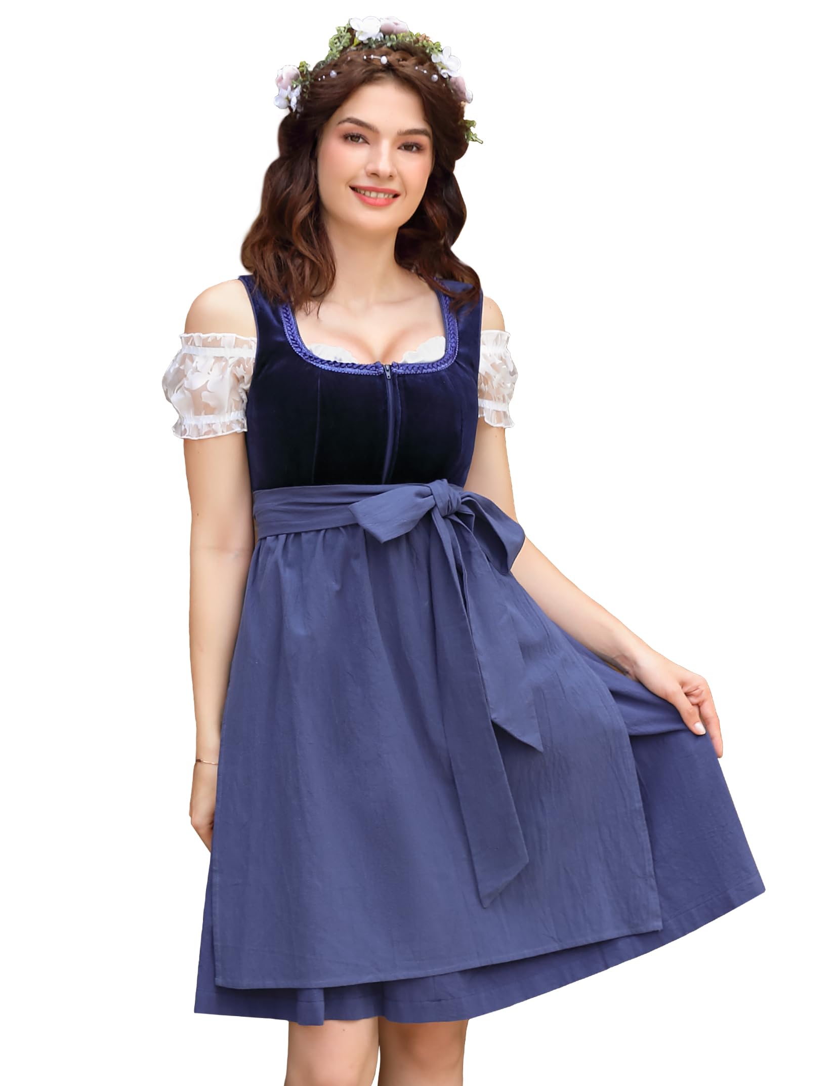 Garvee - Vestito Dirndl corto tradizionale da donna, 3 pezzi, in velluto blu scuro, Oktoberfest B38