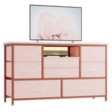 Cassettiera GARVEE con 8 cassetti, mobile TV con luce LED, 3 prese e 2 porte USB, cassettiera per soggiorno, corridoio, camera da letto, robusta struttura in metallo, piano in legno - Rosa