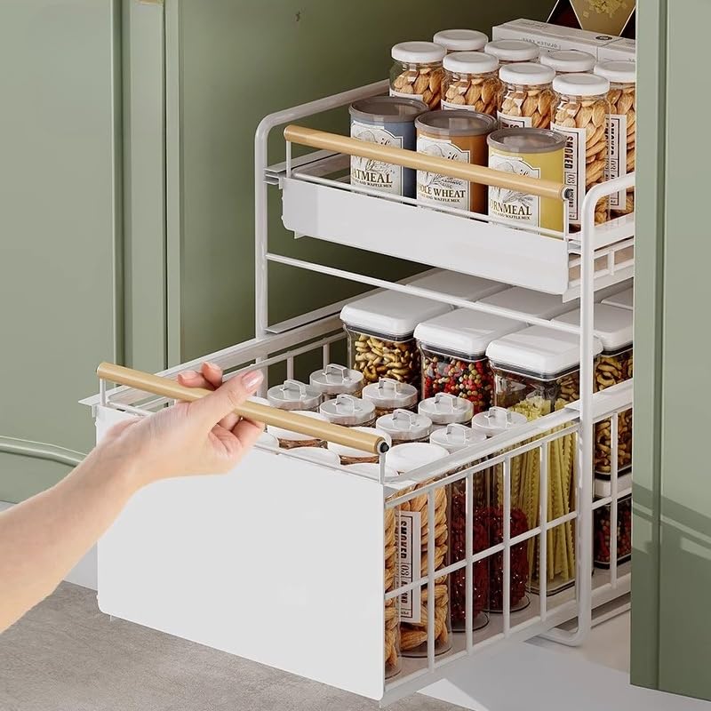 GARVEE Armadio estraibile a 2 ripiani, 39x28x40 cm, bianco con maniglia in legno