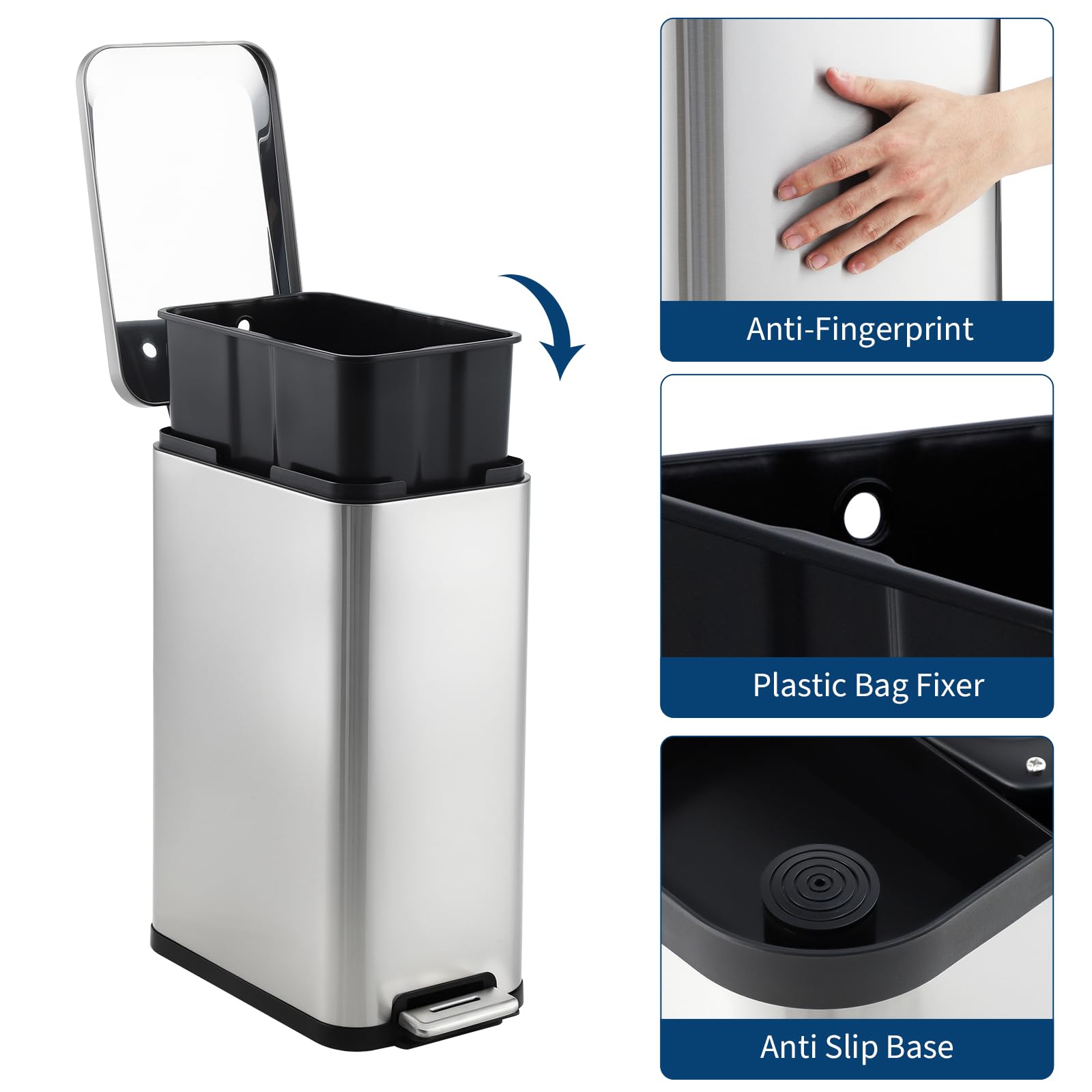 Pattumiera da cucina Garvee da 13 galloni in acciaio inossidabile con coperchio a chiusura ammortizzata e pedale a mani libere per cucina e ufficio, design sottile, senza impronte digitali