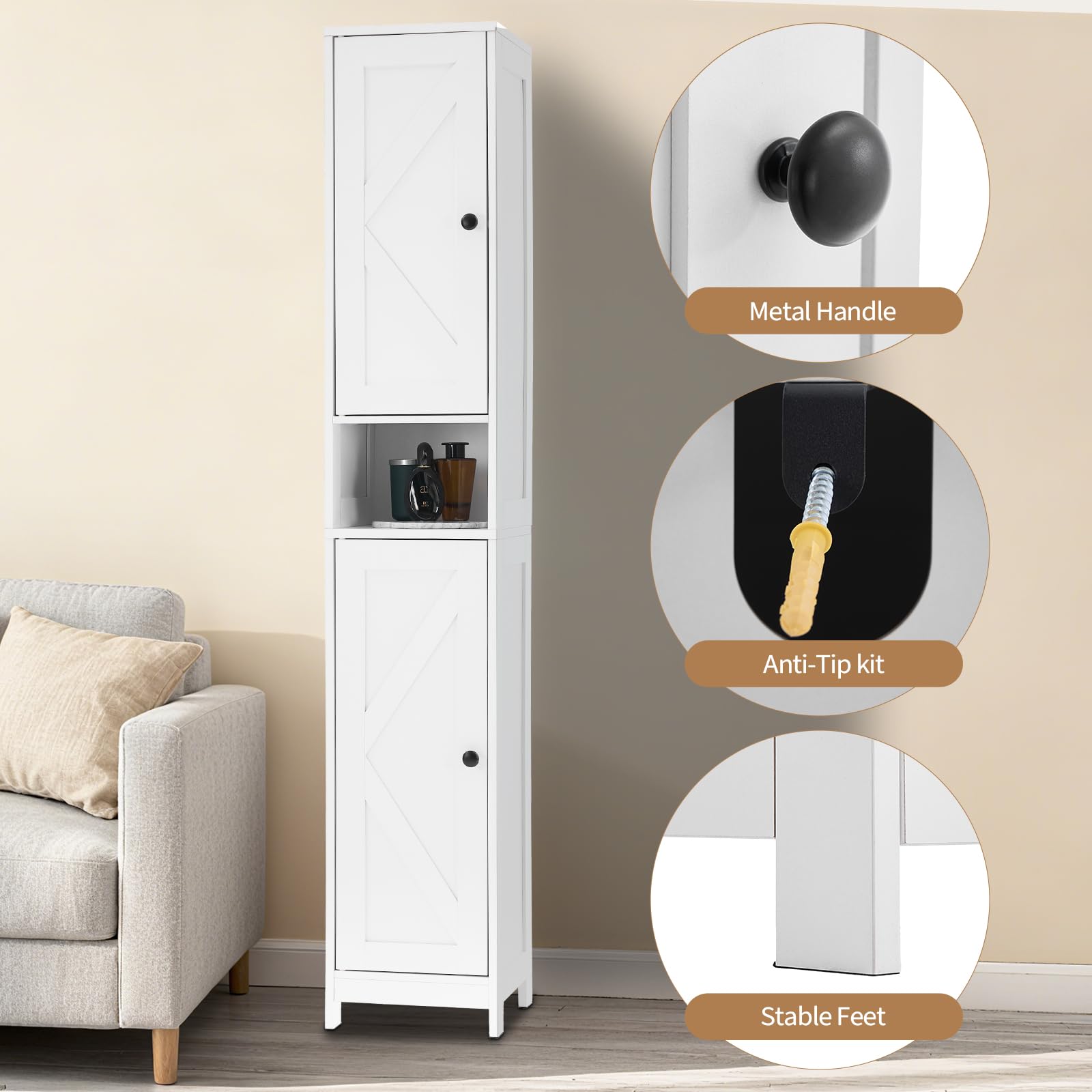 Mobiletto da bagno alto Garvee da 170.18 cm con 2 ante a battente, 1 cassetto per bagno e cucina, legno, stretto, robusto, versatile, acrilico trasparente, bianco