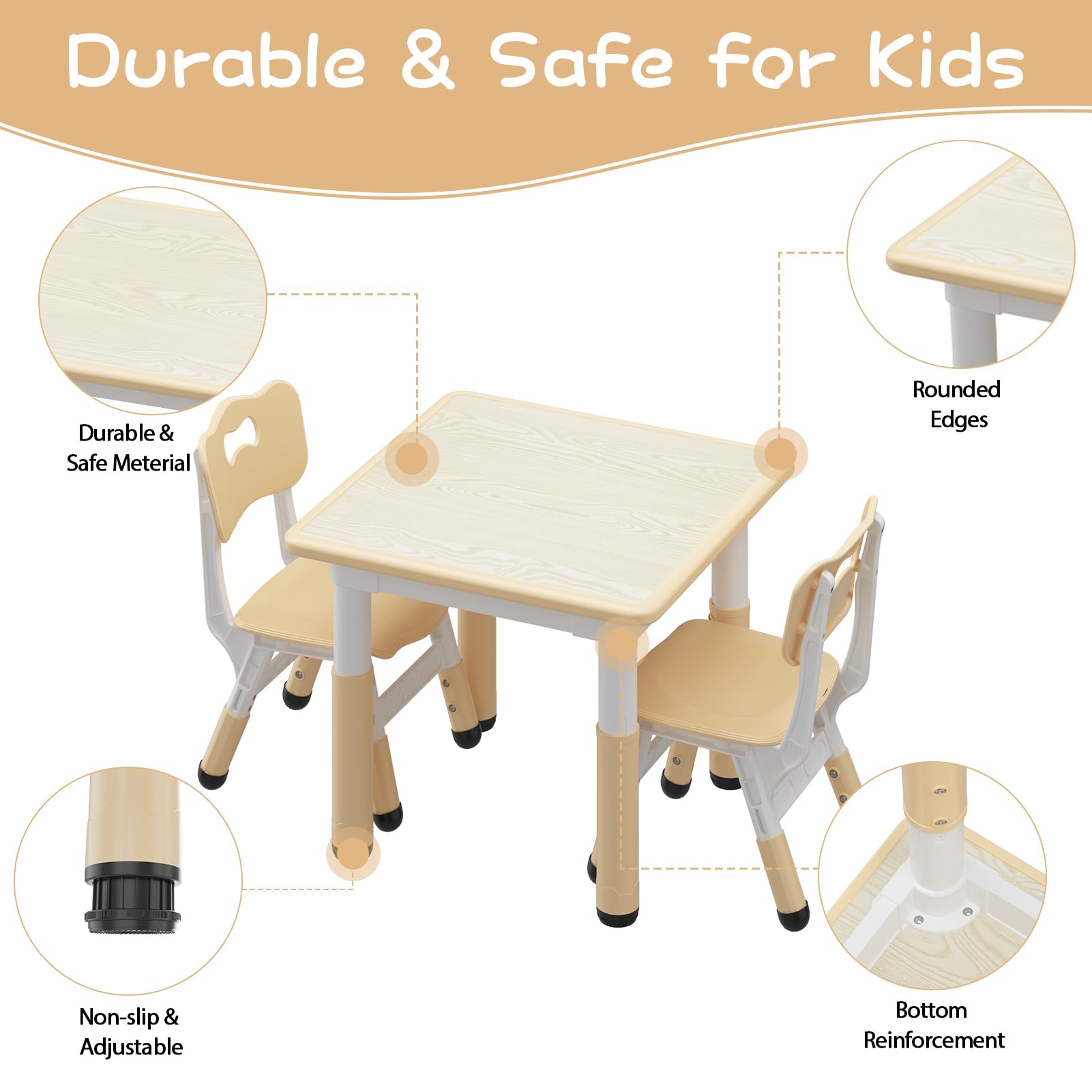 Garvee Set Tavolo e 2 Sedie per Bambini Regolabile in Altezza 4 in 1 MDF e Plastica per Studio e Gioco, 23.6"x23.6", Multicolore