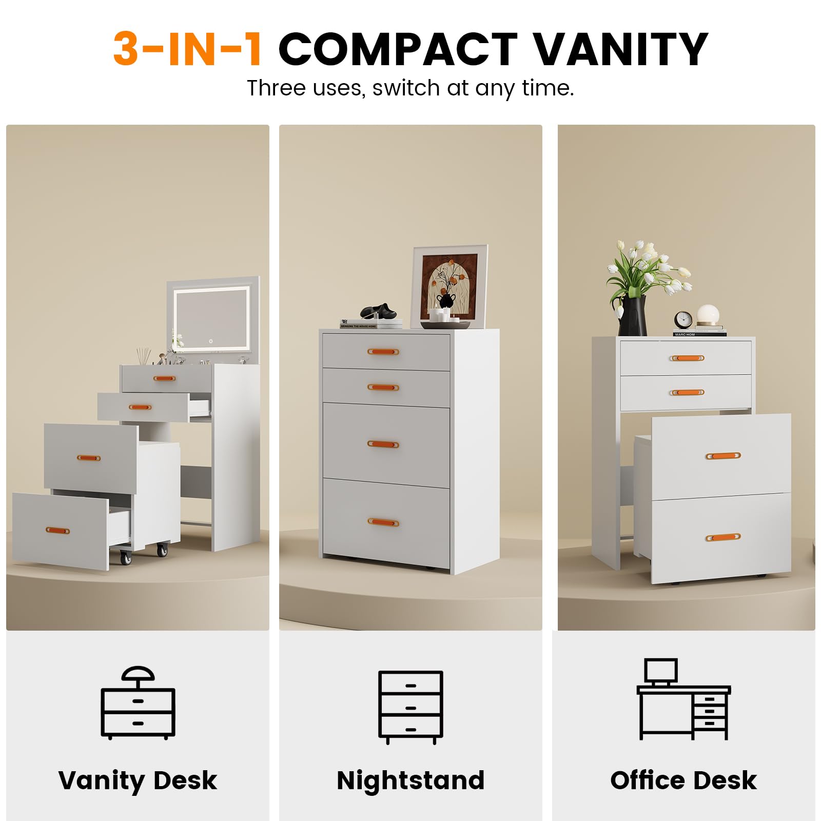 Garvee Vanity 3 in 1 SP-VC-3 Bianco - Multifunzionale, Compatto - Perfetto per Bagno o Camera da Letto