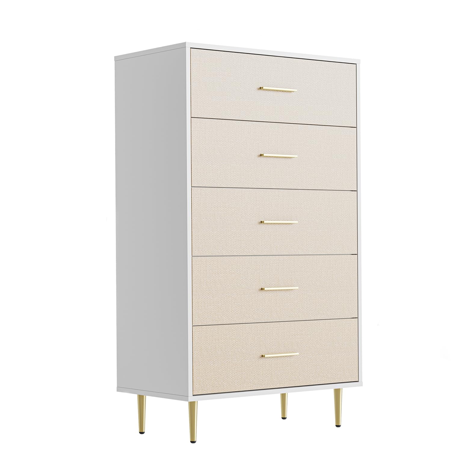 Cassettiera Garvee bianca a 5 cassetti con maniglie e gambe in metallo dorato per camera da letto e corridoio, stretta, in legno, design moderno