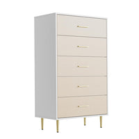 Cassettiera Garvee bianca a 5 cassetti con maniglie e gambe in metallo dorato per camera da letto e corridoio, stretta, in legno, design moderno