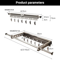 Asciugatrice da parete Garvee, pieghevole, per uso interno o esterno, 62,3-115 cm, nero, salvaspazio, con 7 clip, capacità di carico 30 kg