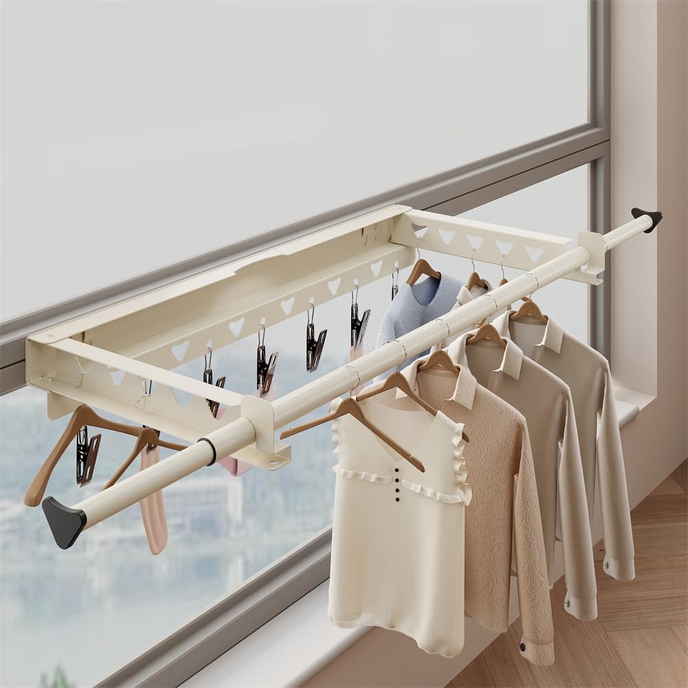 Stendibiancheria estensibile da parete Garvee 103,2-151,2 cm, bianco, robusto stendibiancheria da parete con 7 clip, salvaspazio per balcone e uso interno
