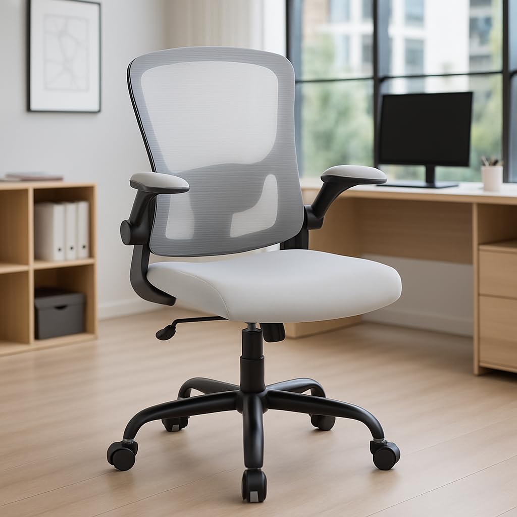 Sedia da ufficio ergonomica Garvee in rete con supporto lombare regolabile e braccioli pieghevoli per ufficio domestico, girevole a 360°, grigio