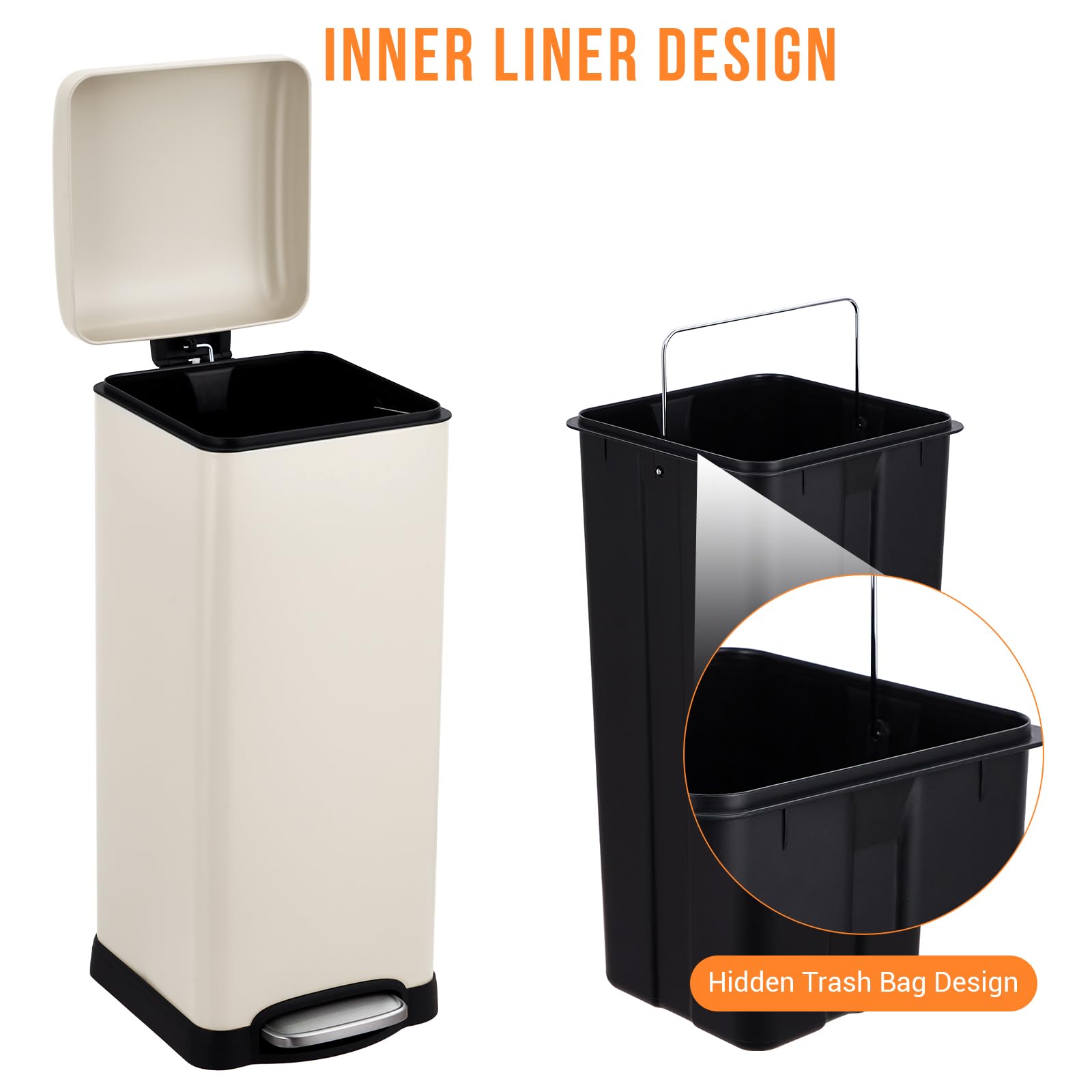 Pattumiera rettangolare Garvee da 8 gal/30 L in acciaio inox con coperchio a chiusura ammortizzata per cucina e sala da pranzo, anti-impronta, con secchio interno