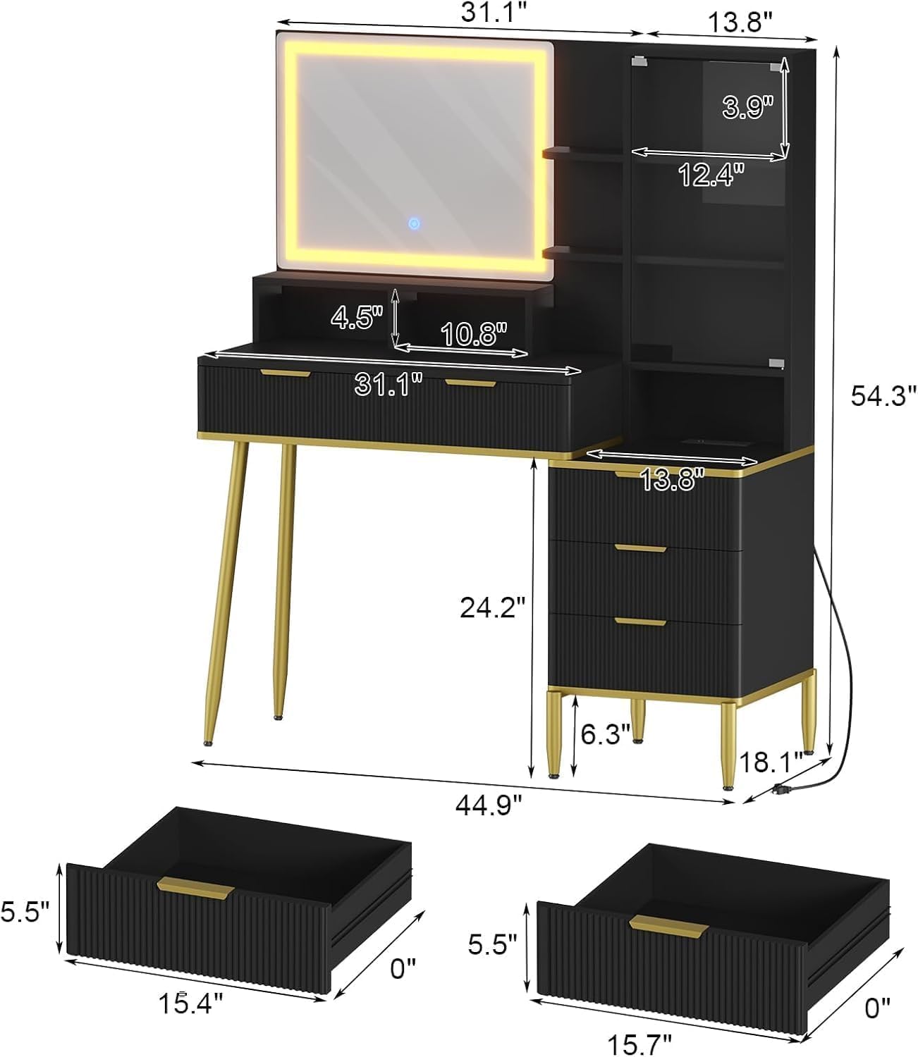 Tavolo da toeletta Garvee Fluted con specchio e luce LED, 5 cassetti, stazione di ricarica USB, nero-oro, camera da letto, 45 pollici