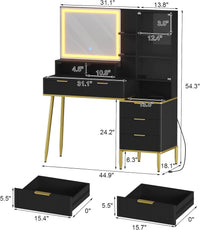 Tavolo da toeletta Garvee Fluted con specchio e luce LED, 5 cassetti, stazione di ricarica USB, nero-oro, camera da letto, 45 pollici