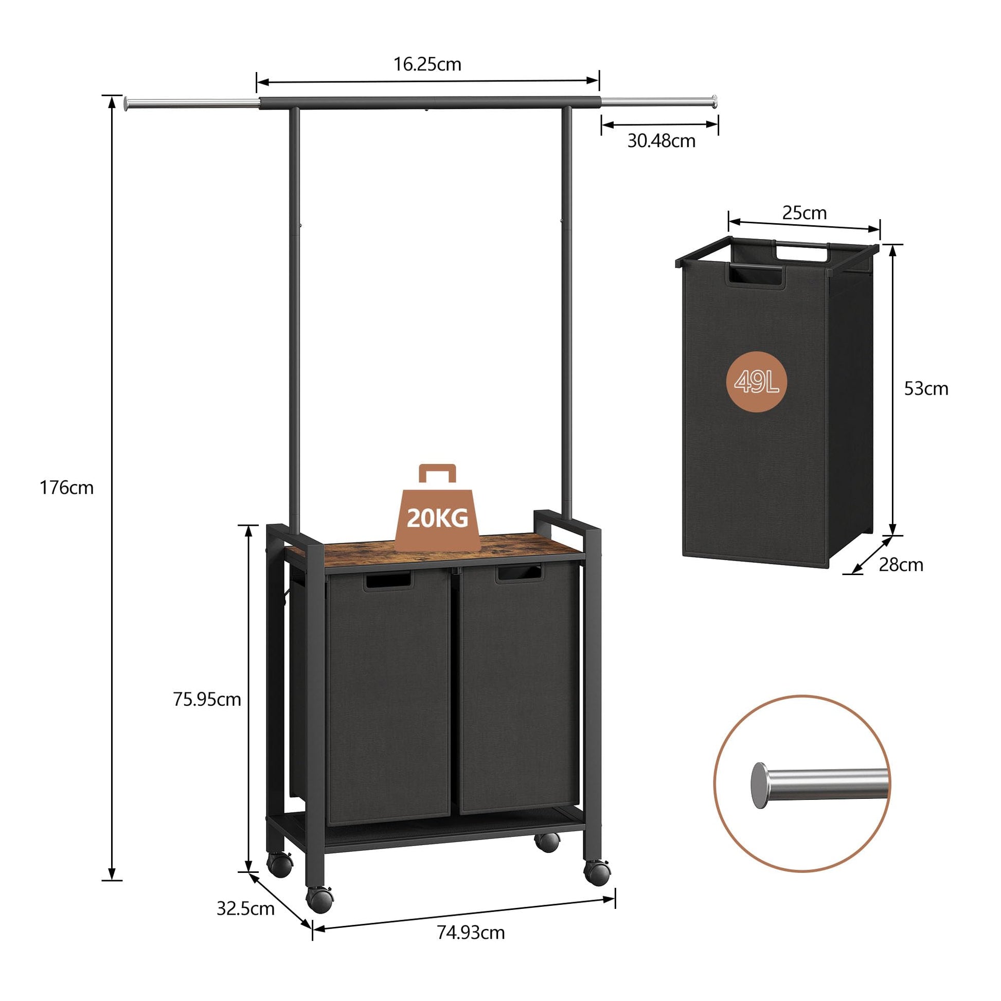 Garvee Laundry Sorter, cesto portabiancheria a 2 sezioni con asta appendiabiti e ripiano in legno per lavanderia, 2 x 49.2 L, nero