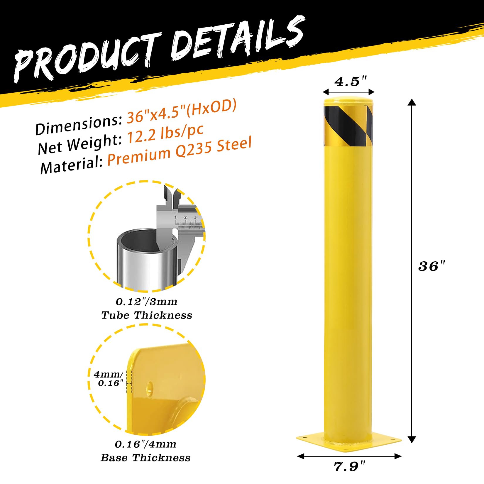Garvee Safety Bollard 36 pollici in acciaio riflettente resistente alle intemperie per parcheggi e marciapiedi giallo
