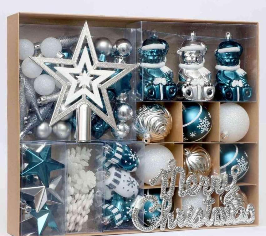 Set di palline di Natale Garvee da 70 pezzi, blu e argento, plastica infrangibile, decorazione per interni ed esterni, stella e Buon Natale, versatile
