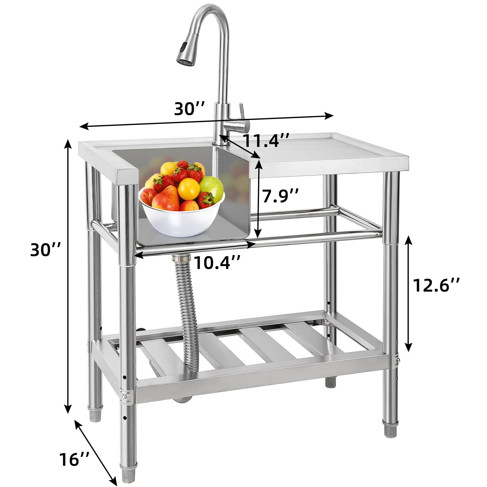 Lavello multiuso in acciaio inox Garvee 30x16x30 pollici con rubinetto girevole a 360° per cucina e garage, antiruggine, multifunzionale
