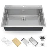Garvee Lavello Cucina 76,2 cm Vasca Singola in Acciaio Inox 16 Gauge Fatturabile - Drenaggio Integrato, Nichel Spazzolato, Accessori Completi per Cucina Moderna - Lavello Singolo con Scalino 76x48x25 cm + Tagliere in Bambù + Cestino di Scarico + Rete Inferiore + Colino + Chiusura a Rullo