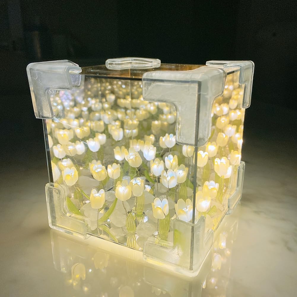 Garvee Lampada da Tavolo Notturna Tulipano DIY con Specchio LED, Luce Soffusa, Materiale Artigianale, per Camera e Scrivania, Blu, Rosa, Lilla, Mix