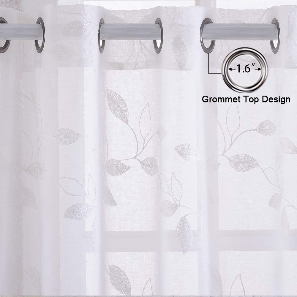 Tende trasparenti Garvee, set da 2 pannelli, bianche con ricamo a foglie, in lino sintetico, lunghe 63" con occhielli, in voile per soggiorno e camera da letto