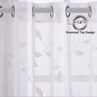 Tende trasparenti Garvee, set da 2 pannelli, bianche con ricamo a foglie, in lino sintetico, lunghe 63" con occhielli, in voile per soggiorno e camera da letto