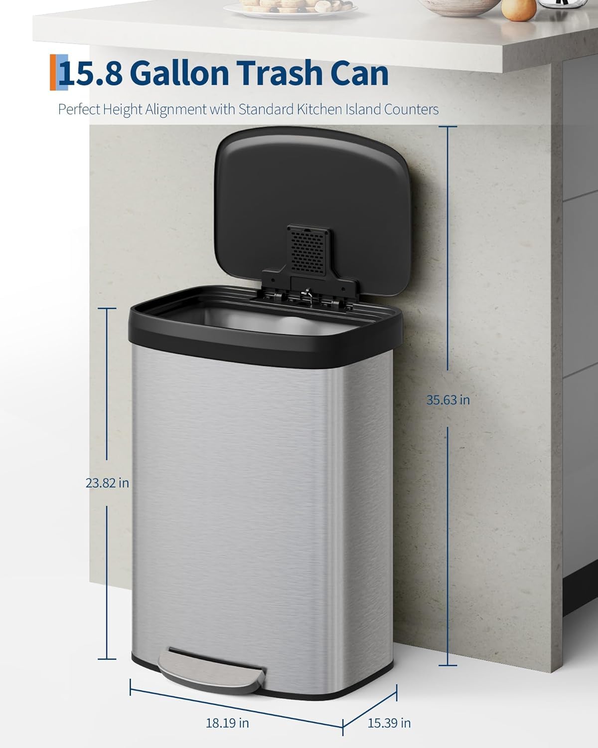 Pattumiera Garvee in acciaio inox da 16 galloni con coperchio a chiusura ammortizzata, maniglia ergonomica, argento, per cucina e ufficio, compatta