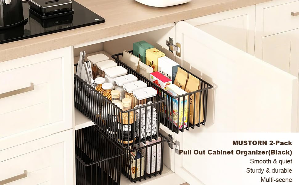 Garvee Set da 2 pezzi, organizer estensibile per mobili da cucina, robusto acciaio al carbonio, guide scorrevoli silenziose, per cucina e bagno, multifunzionale, salvaspazio