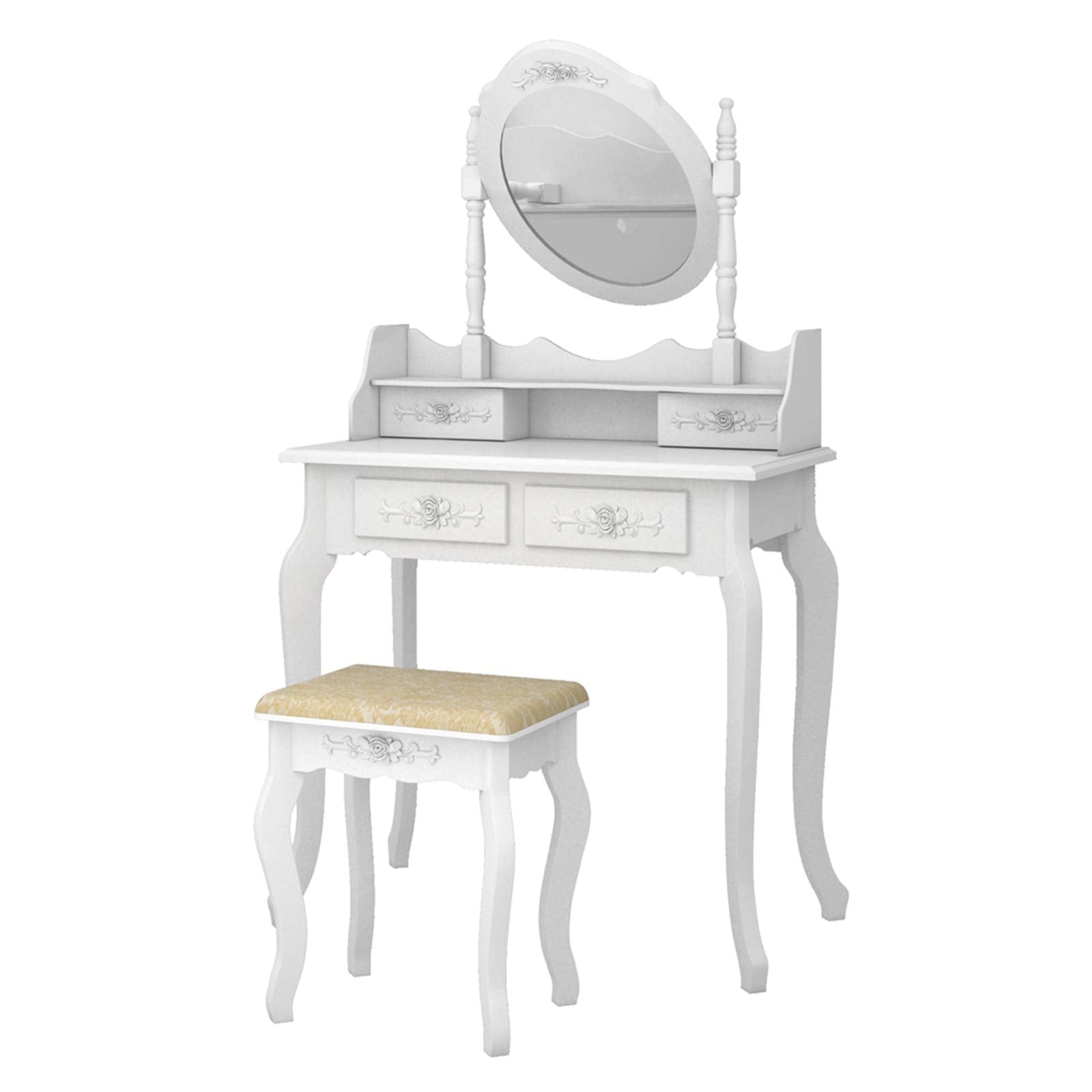 Tavolo da toeletta Garvee con sgabello, specchio girevole a 360°, 4 cassetti, 142,5 cm, bianco, tavolo da trucco per camera da letto