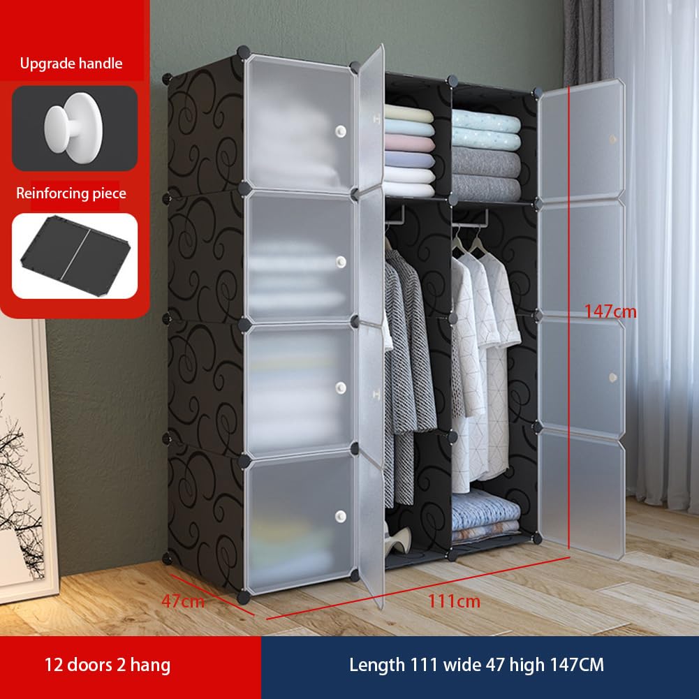 Garvee Armadio portatile in plastica fai da te Sistema di scaffalature 12 scomparti con 2 aste appendiabiti Armadio per camera da letto 111 x 47 x 147 cm Nero
