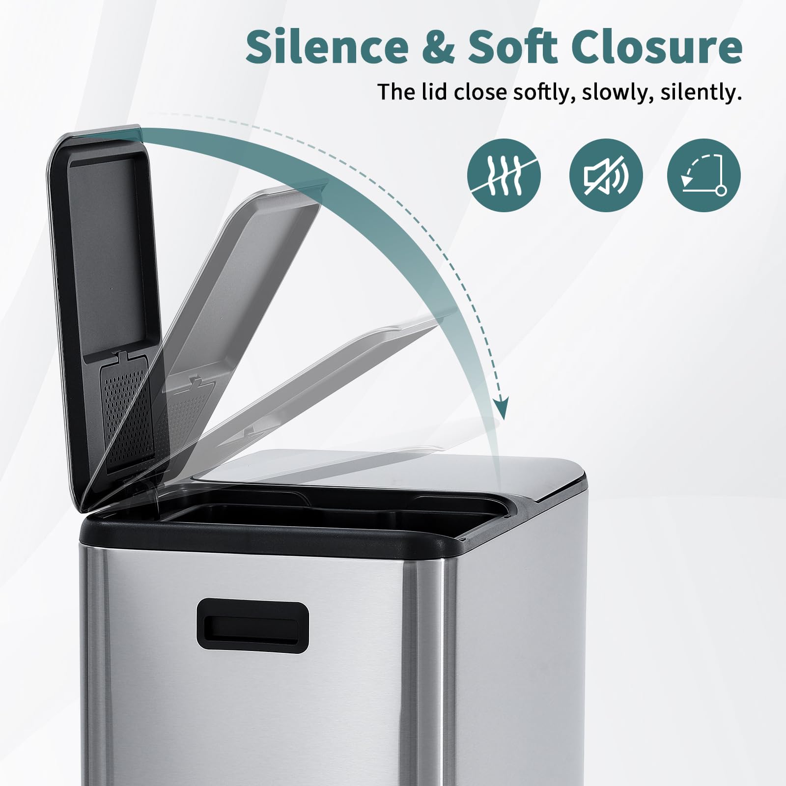 Pattumiera da cucina Garvee 2 x 30L in acciaio inox Sistema di separazione dei rifiuti Doppi scomparti Silenzioso Argento 60L