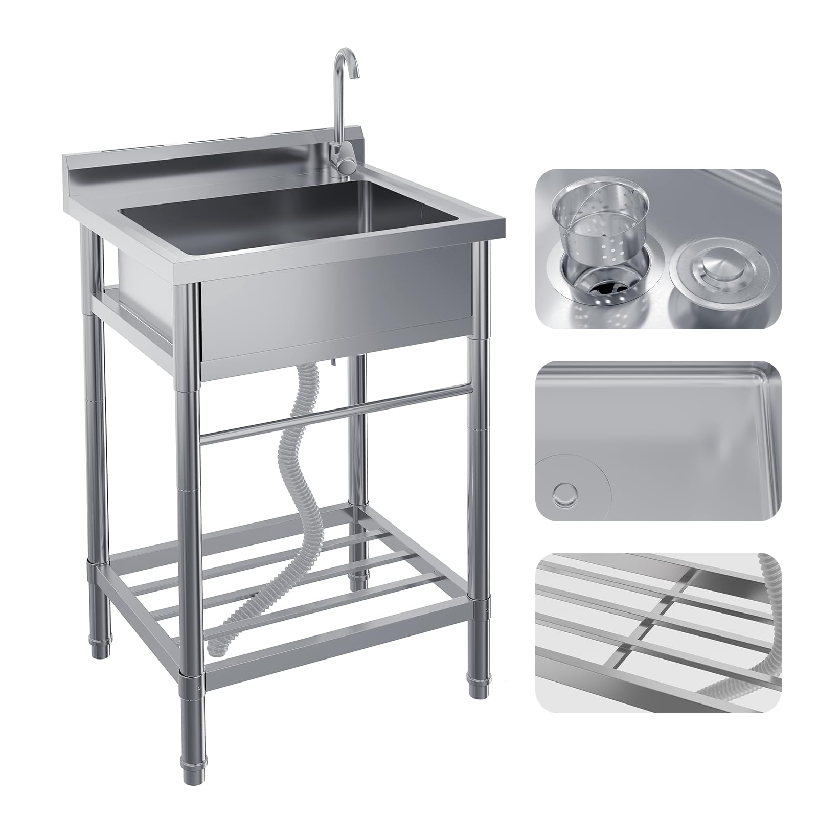 Lavello di servizio Garvee in acciaio inox da 24" con vasca singola e rubinetto girevole a 360° per cucina e garage, antiruggine, indipendente, con ripiano, 41 pollici, argento