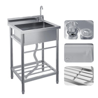 Lavello di servizio Garvee in acciaio inox da 24" con vasca singola e rubinetto girevole a 360° per cucina e garage, antiruggine, indipendente, con ripiano, 41 pollici, argento