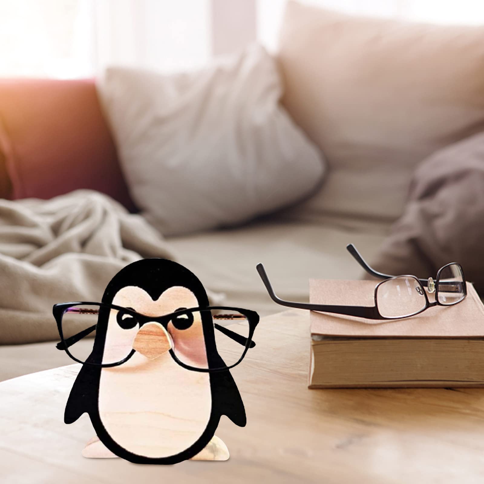 Supporto per occhiali Garvee, simpatico espositore per occhiali da sole a forma di animale, realizzato in legno per camera da letto, ufficio, scrivania, pinguino