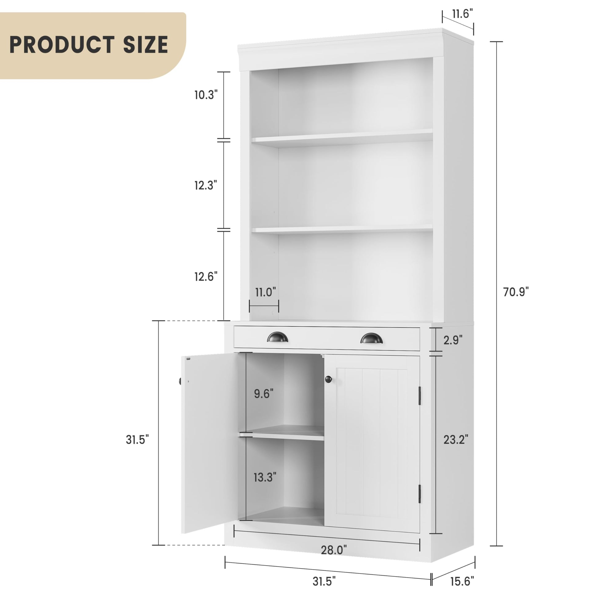 Libreria Garvee alta 71" con cassetto, 5 ripiani, ripiani regolabili, legno, ante a persiana, bianca per soggiorno e ufficio, robusta e versatile