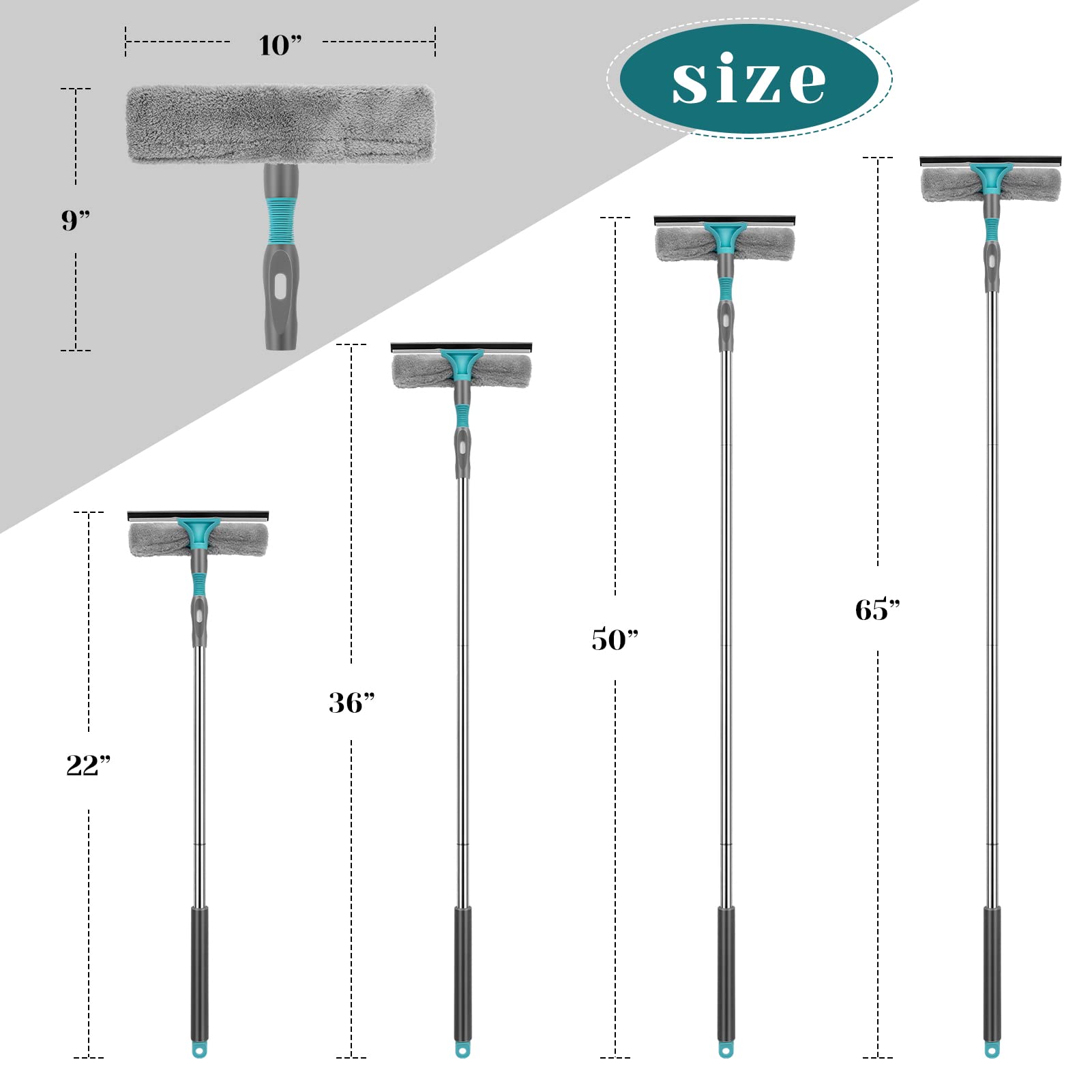 Raschietto per finestre Garvee 2 in 1 con asta telescopica da 65 pollici, testa flessibile, silicone, microfibra, acciaio inossidabile per finestre, docce e auto