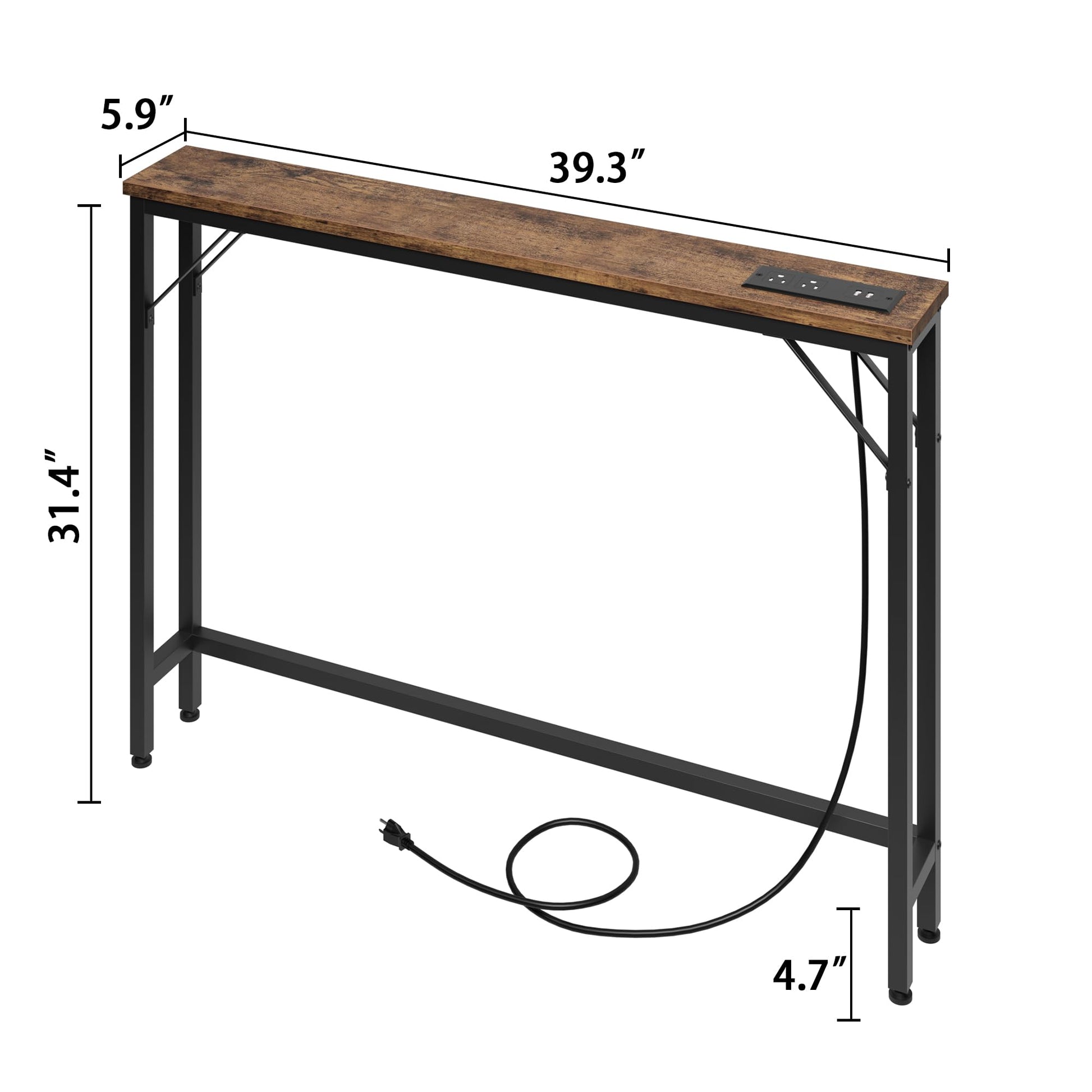 Tavolino da divano stretto Garvee con stazione di alimentazione, porte USB, struttura in metallo, legno vintage per soggiorno e corridoio, 39,4"L x 31,4"A, stile retrò nero