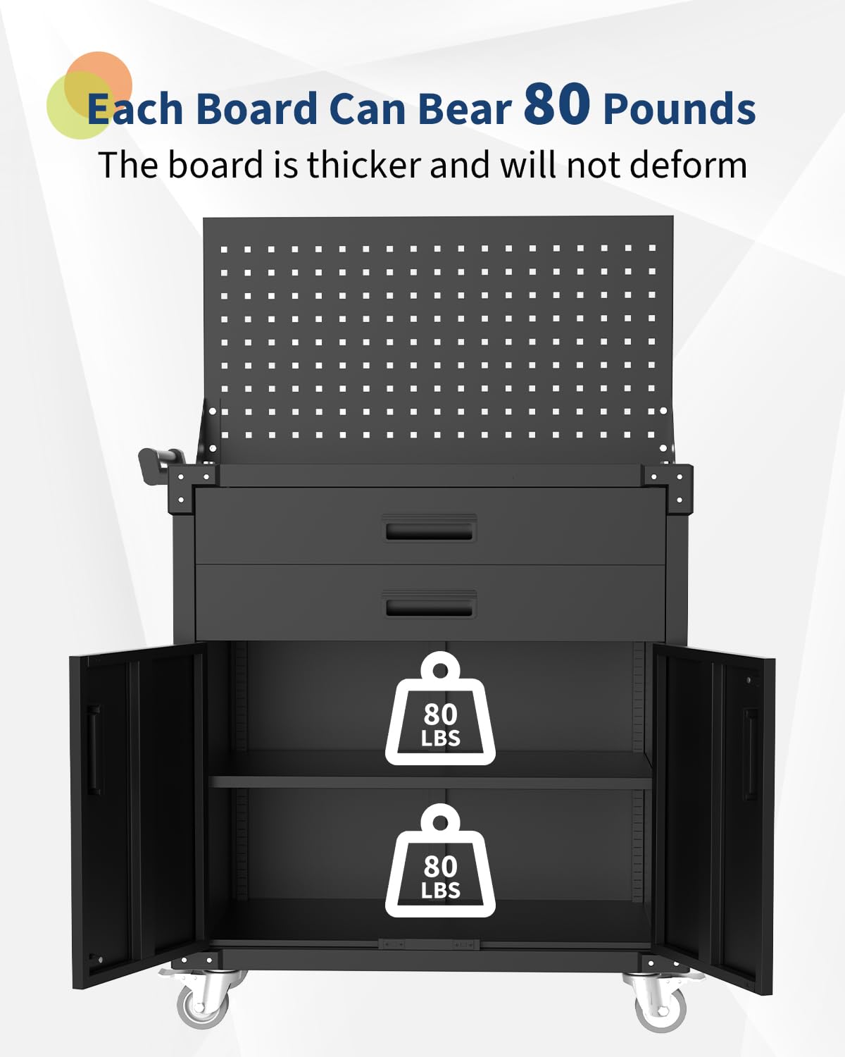 Carrello portautensili Garvee con ruote, in acciaio, 2 cassetti e pannello forato, chiudibile a chiave, per officina, 4 ruote