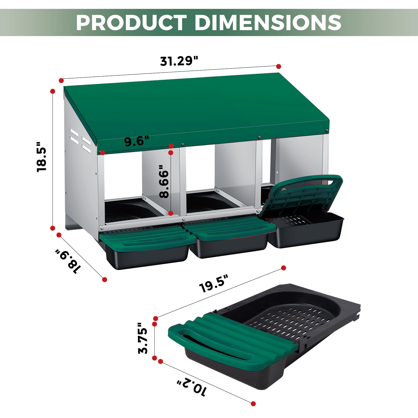 Nido per galline Garvee a 3 fori, in metallo, antiruggine, vassoio rimovibile, per fattoria e giardino