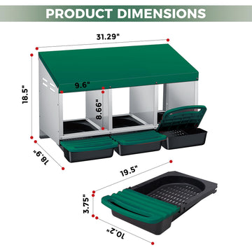 Nido per galline Garvee a 3 fori, in metallo, antiruggine, vassoio rimovibile, per fattoria e giardino