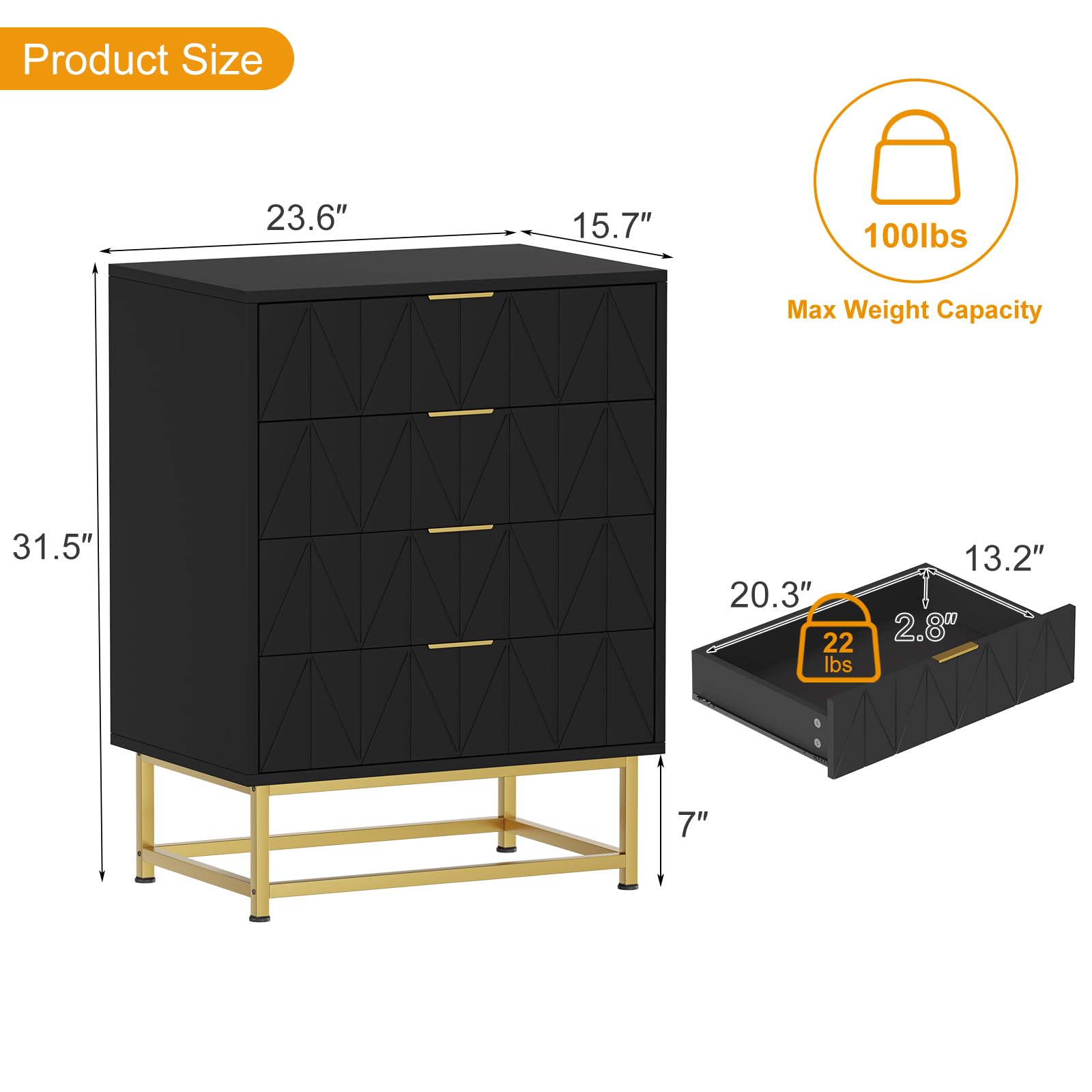 Cassettiera Garvee a 4 cassetti con gambe in metallo per soggiorno e camera da letto, 32 pollici, moderna, cassetti in tessuto, robusta
