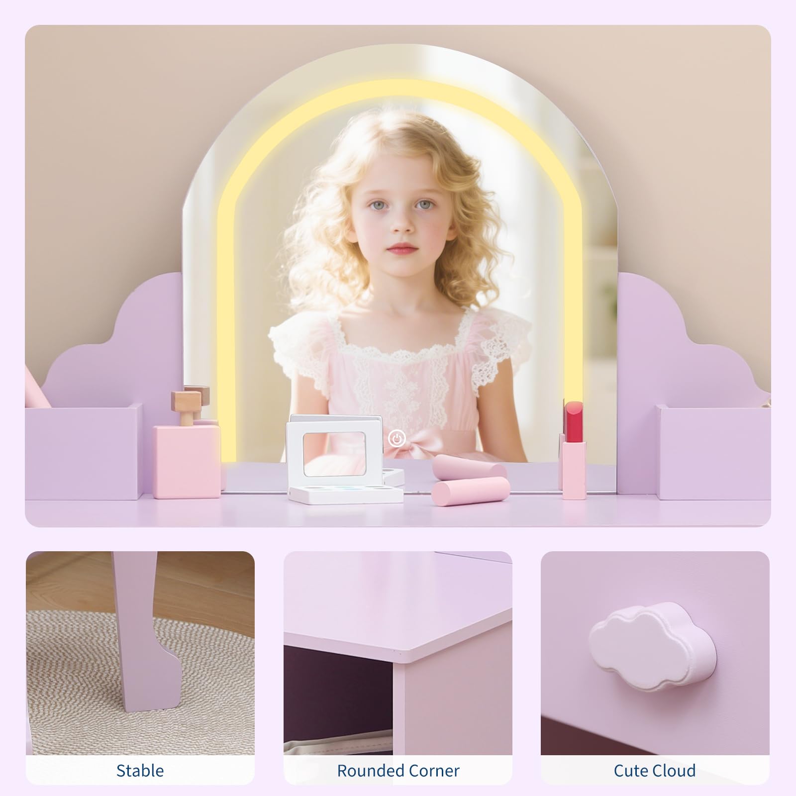 Tavolo da toeletta per bambini Garvee con luce LED, regolabile, MDF, contenitore e sgabello per bambine dai 3 a 9 anni, viola, per sala giochi e camera da letto