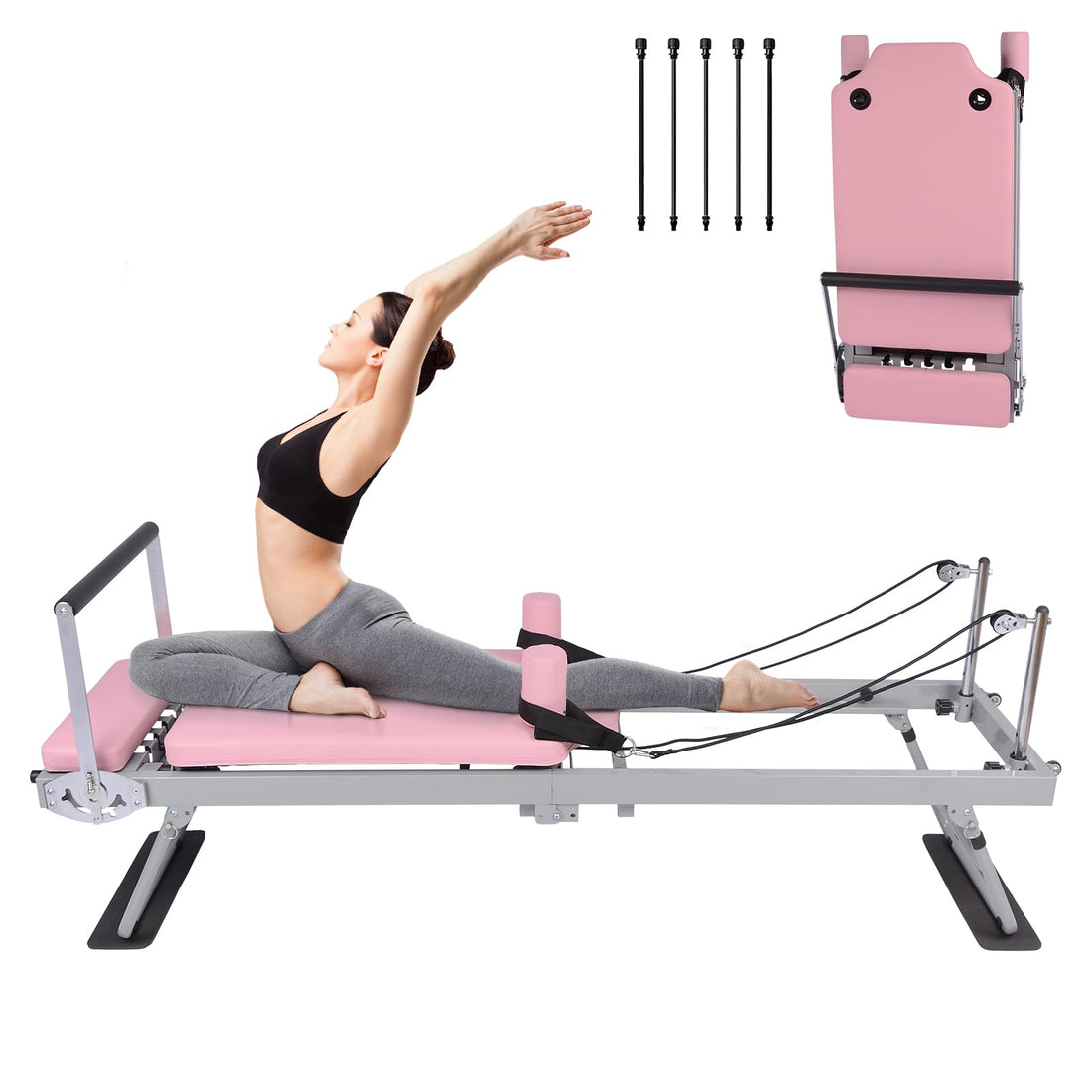 Garvee Pilates Reformer Machine Rosa Pieghevole con Fasce di Resistenza per Fitness a Casa 77,55" X 22,44" X 28,54"